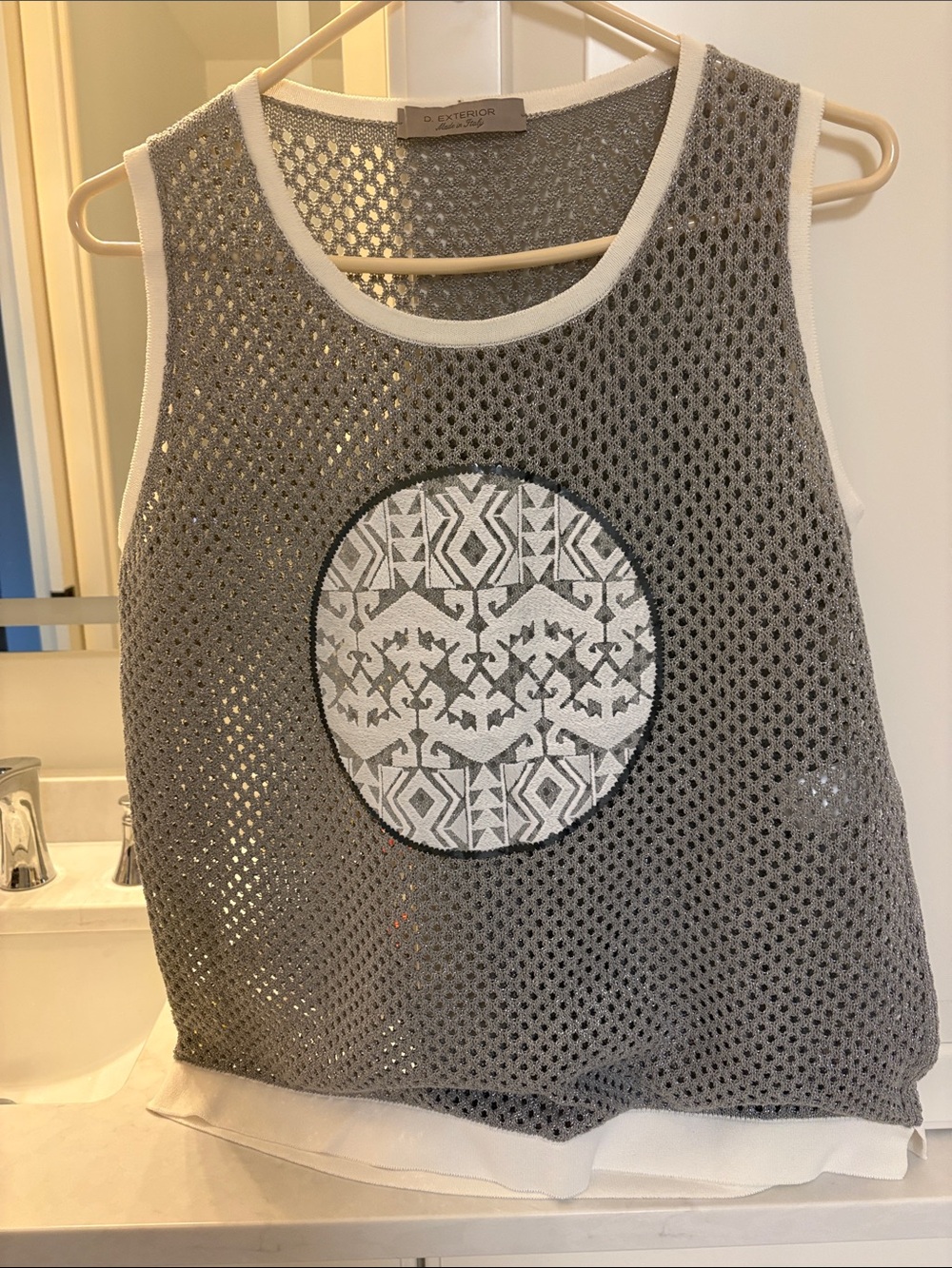 Women’s Gray Metallic Mesh Tank with White Trim and Decorative Medallion